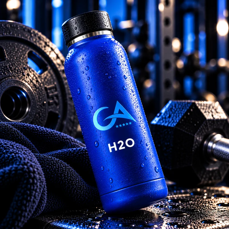 Gourde H2O bleue au logo GA, posée à la salle entre un disque, un haltère et une serviette