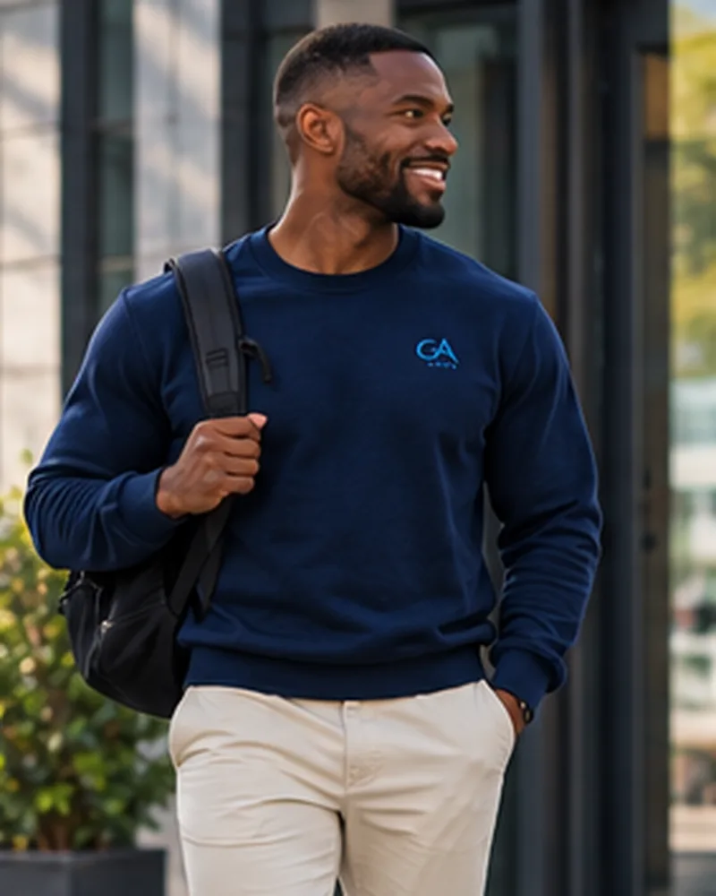 Homme en sweat GA et pantalon beige en ville
