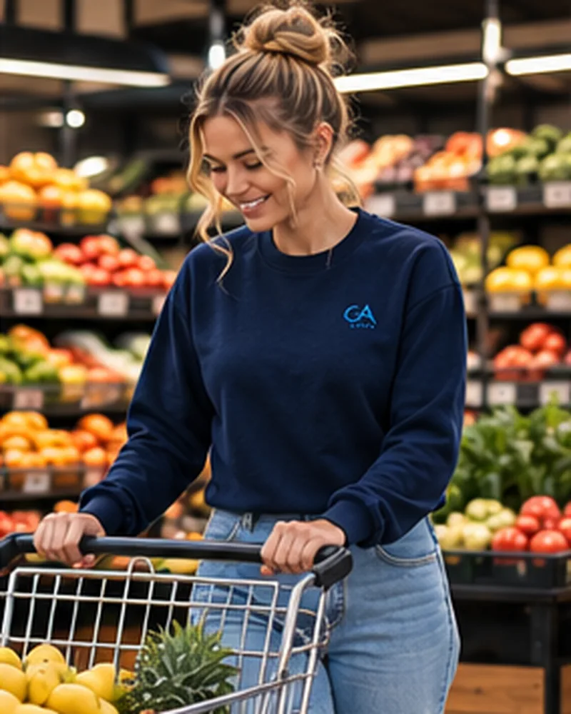 Femme en sweat GA qui fait ses courses au rayon fruits et légumes