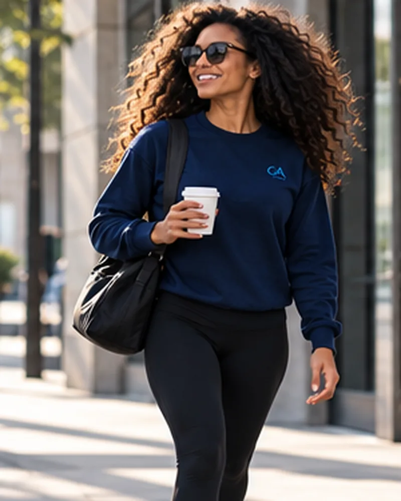 Femme en sweat GA, café à la main, dans la rue