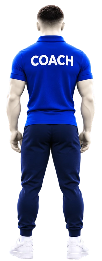 Mannequin homme de dos : « COACH » écrit en blanc sur le polo bleu