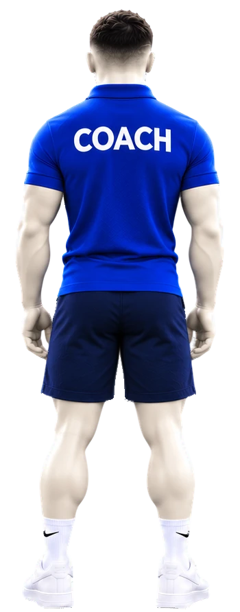 Mannequin homme de dos : « COACH » écrit en blanc sur le polo bleu